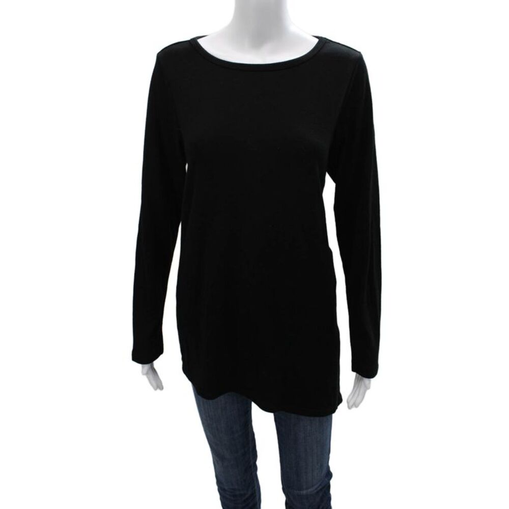Joan Vass Womens Long Sleeve Scoop Neck Cotton Shirt Black Size L